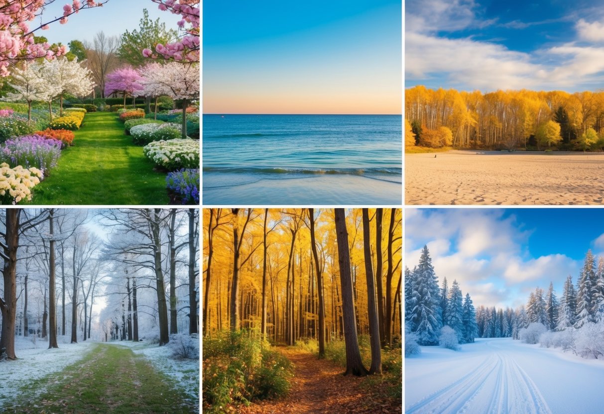 A garden with spring flowers in pastel shades, a summer beach with bright, vibrant colors, a fall forest with warm, earthy tones, and a winter wonderland with cool, icy hues