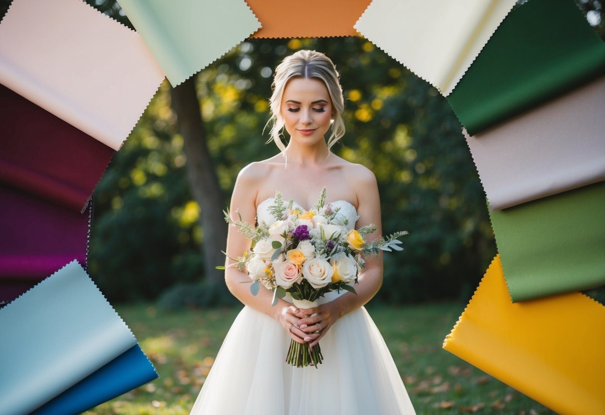 A bride holding a bouquet surrounded by swatches of fabric in various seasonal colors, pondering the perfect palette for her wedding