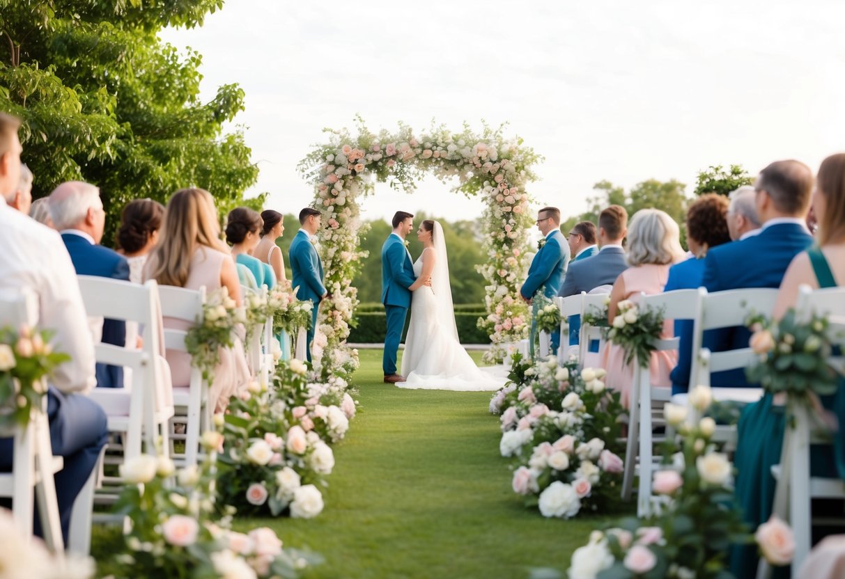 A serene outdoor wedding ceremony with soft pastel color palette surrounded by blooming flowers and lush greenery