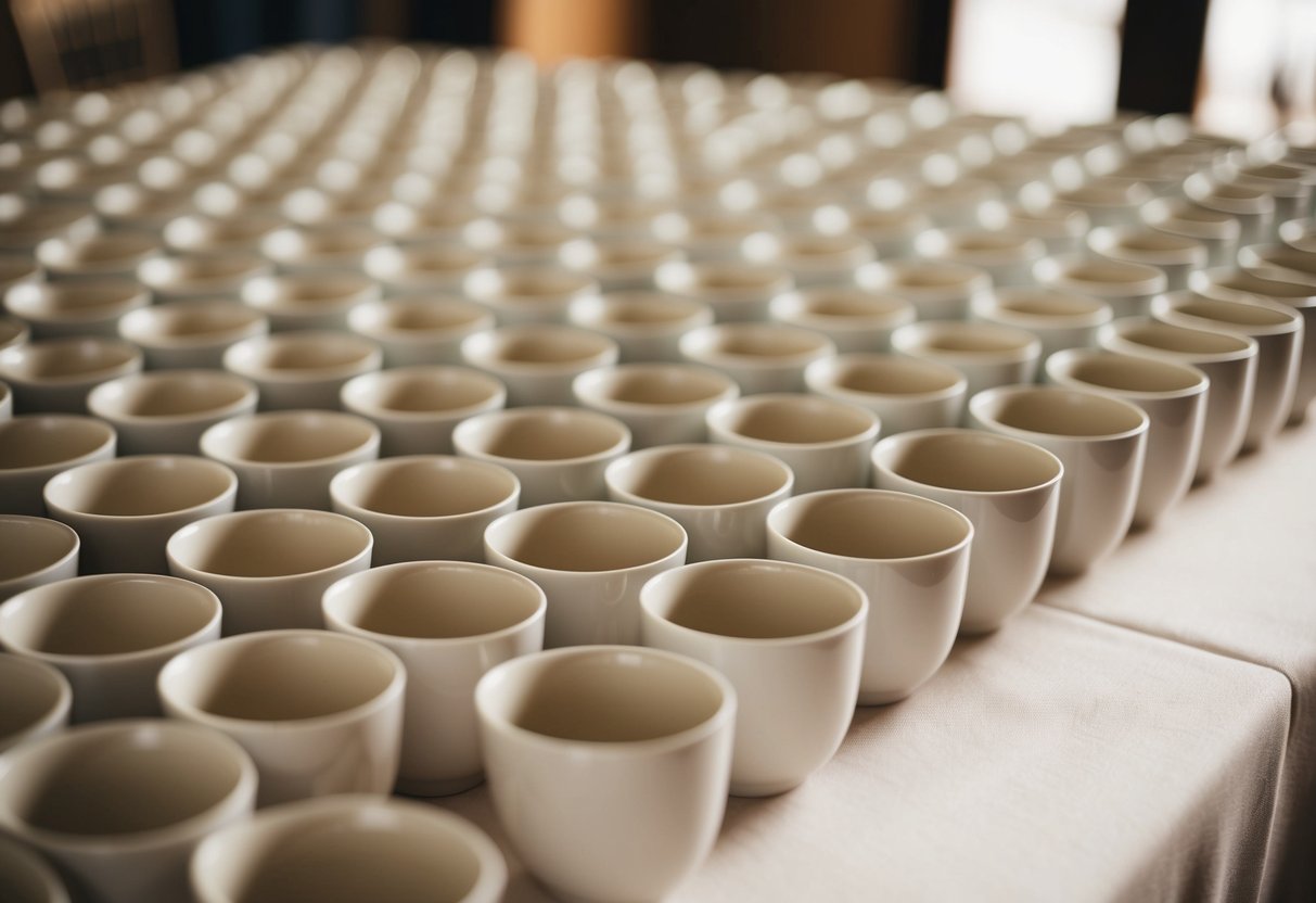 A table with neatly arranged rows of 100 cups for a wedding