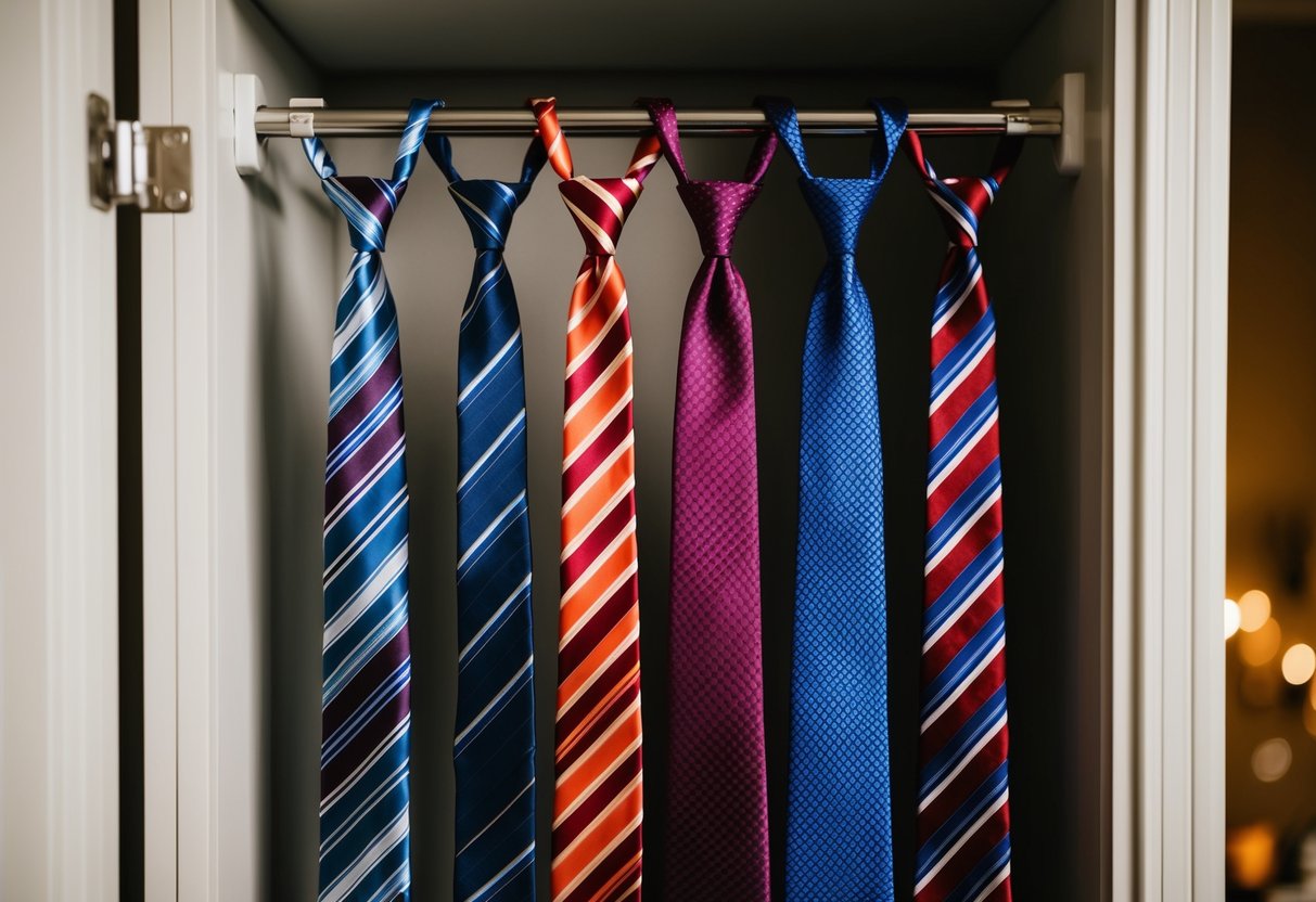 A groom's closet with various colored ties hanging on a rack