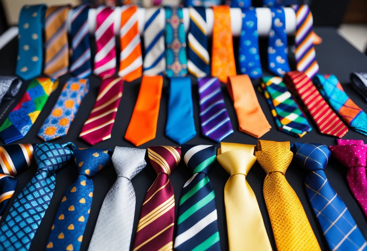 A collection of colorful ties and accessories displayed on a table, with various patterns and textures
