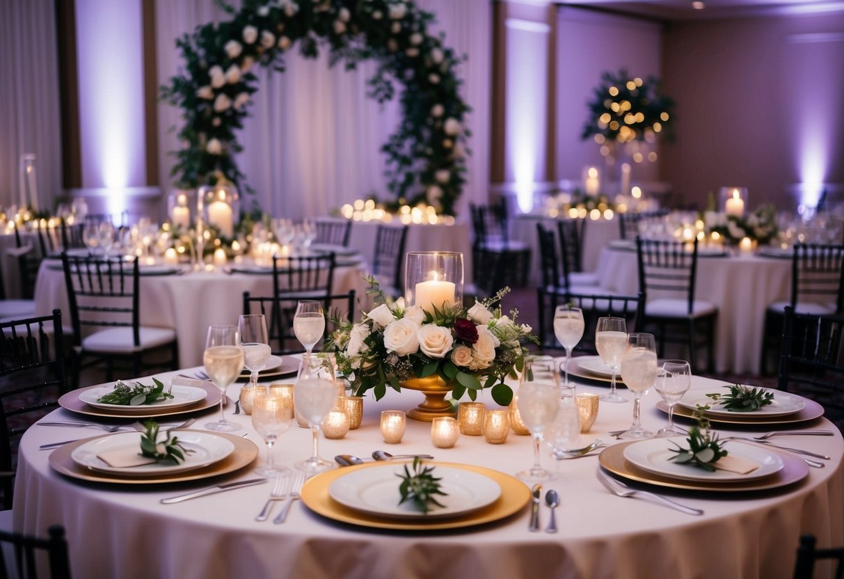 A banquet table with elegant evening food and drinks, surrounded by decorative lighting and floral arrangements, set in a beautiful wedding reception venue