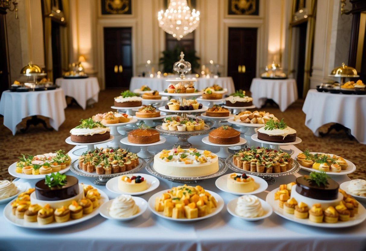 A lavish buffet spread with an array of gourmet dishes and desserts, elegantly displayed on ornate tables in a grand ballroom