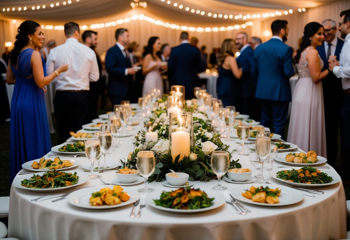 A banquet table at a wedding reception, adorned with elegant evening food options and surrounded by guests mingling and enjoying the festivities