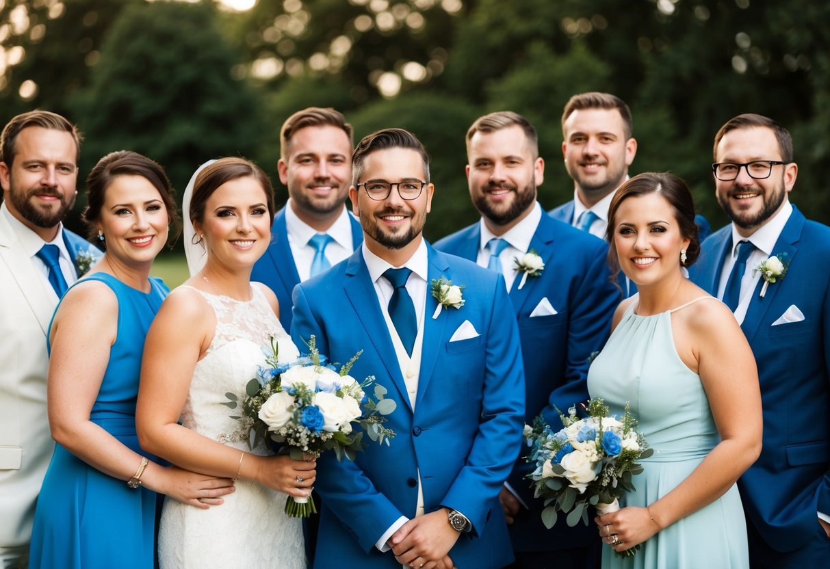 A group of people at a wedding, wearing various shades of blue attire