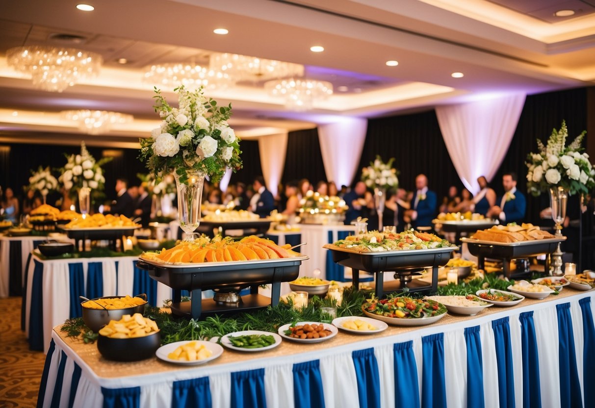 A festive wedding reception with a variety of themed food stations and live entertainment, creating a lively and celebratory atmosphere