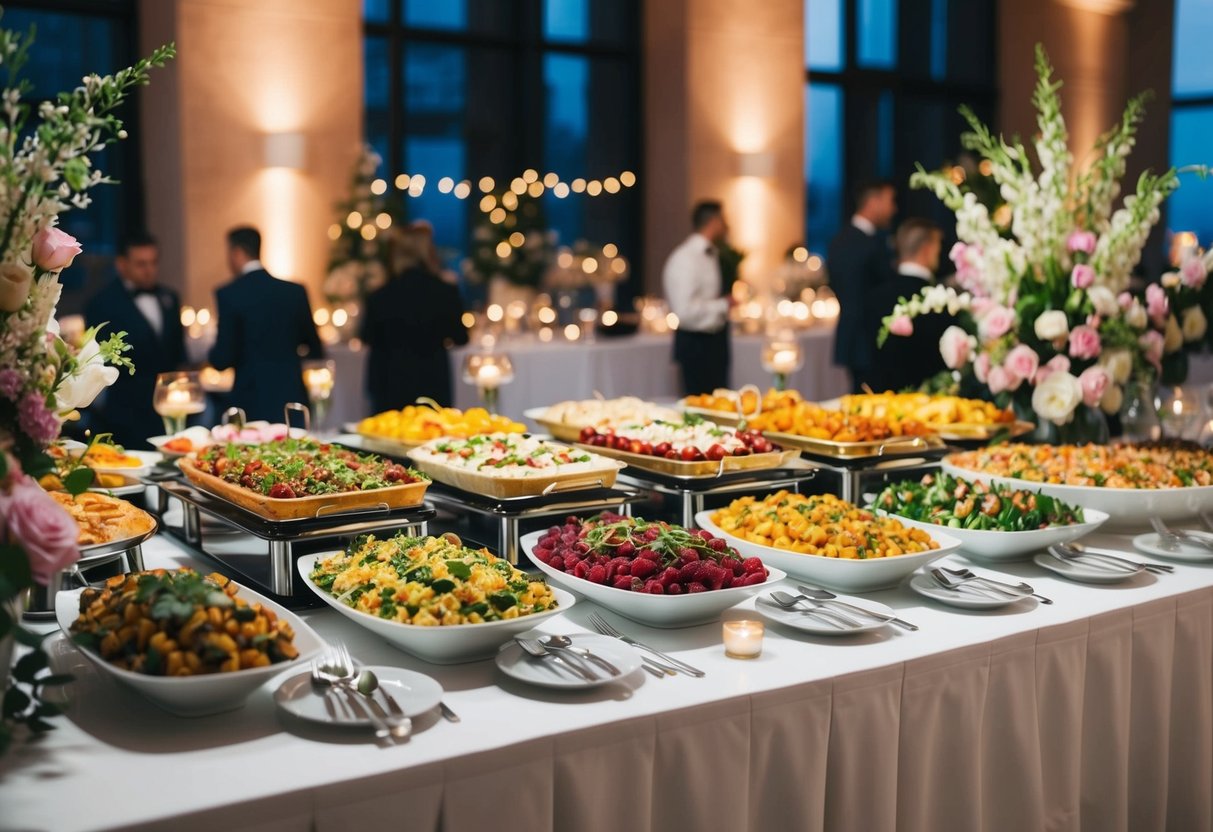 A beautifully decorated buffet table with an array of colorful and appetizing dishes, surrounded by elegant floral arrangements and ambient lighting