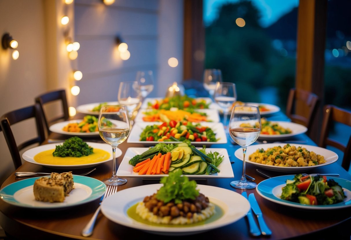 A beautifully set table with a variety of delicious and colorful dishes, including vegetarian, gluten-free, and dairy-free options, under soft evening lighting
