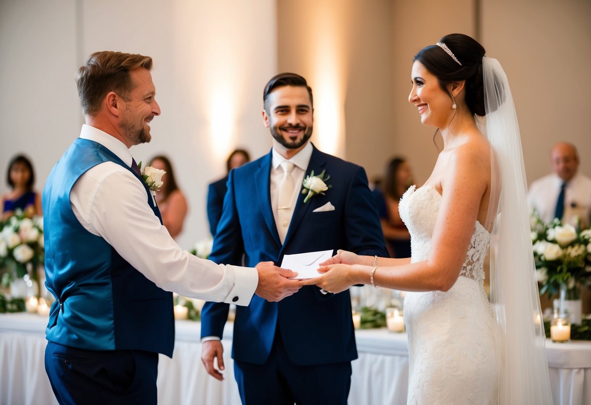 A bride and groom standing at a reception table, handing an envelope to a vendor with a smile