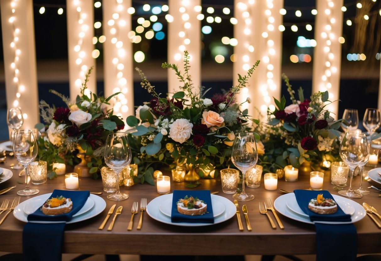 A table set with elegant place settings, adorned with a variety of delectable evening foods, surrounded by twinkling lights and floral arrangements