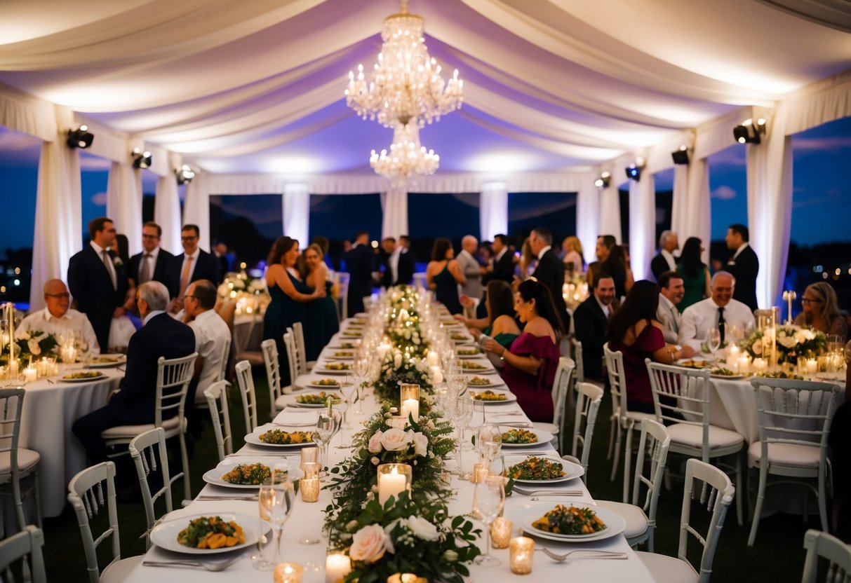 A beautifully decorated wedding reception venue with elegant evening food spread on tables and guests mingling and enjoying the festivities