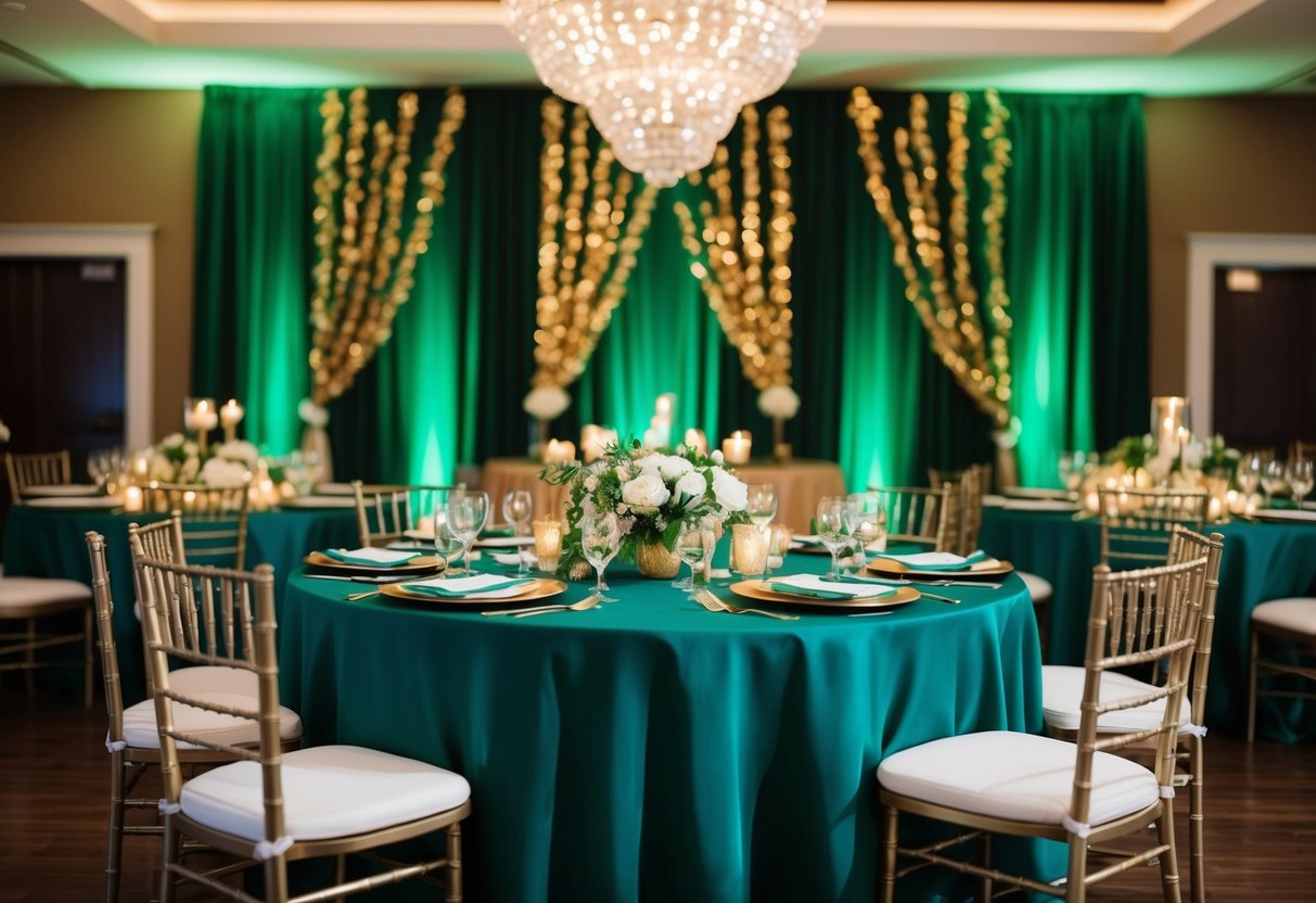 A vibrant scene of a wedding reception with a dominant color palette of deep emerald green and gold accents