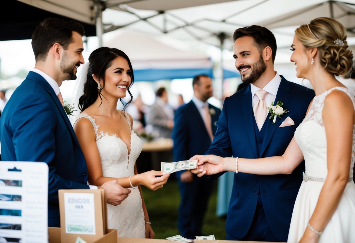 A bride and groom standing at a vendor booth, handing over an envelope with cash inside. The vendor smiles and thanks them