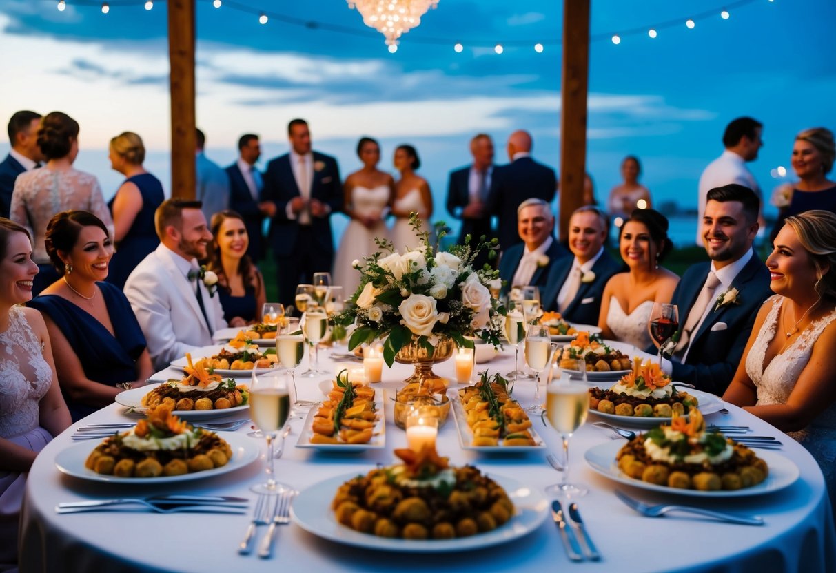 A beautifully decorated table with an array of elegant and appetizing evening food options, surrounded by happy wedding guests mingling and enjoying the celebration