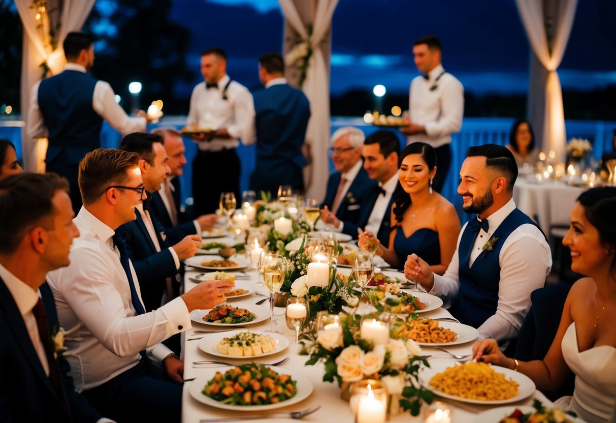 Guests enjoying a variety of evening foods at a wedding reception, with waitstaff circulating among them