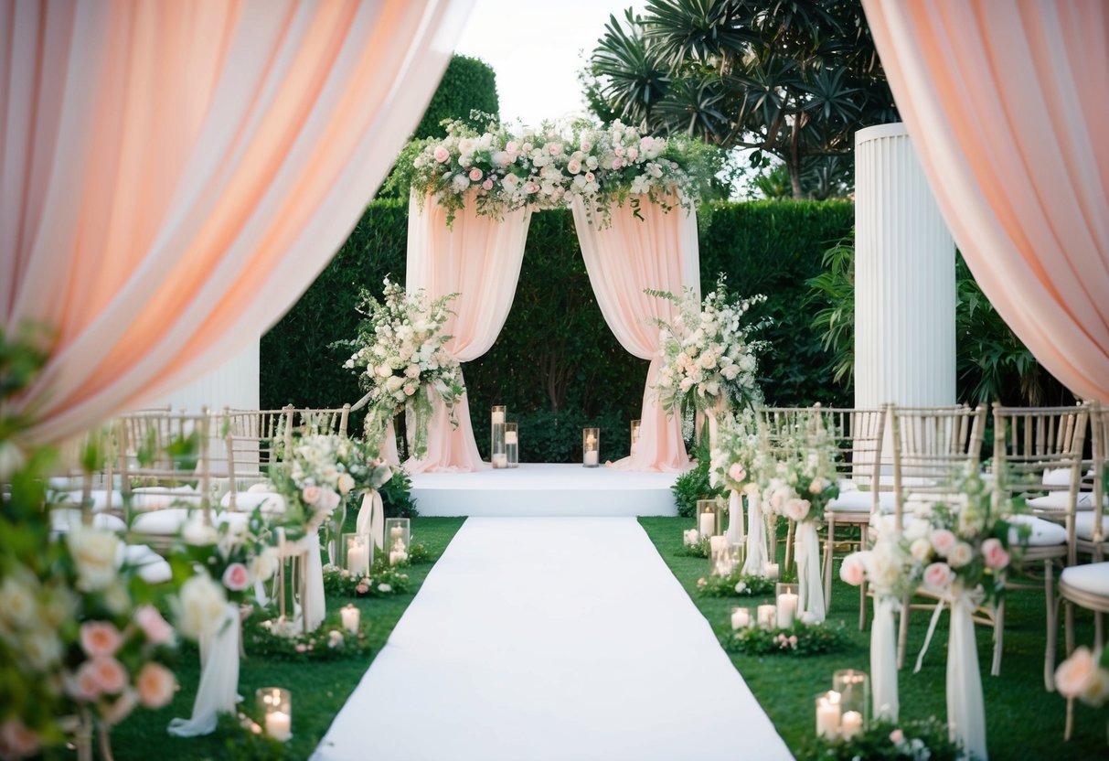 A lush garden wedding with a dominant color palette of soft pastel hues, featuring delicate floral arrangements and elegant drapery in the most popular wedding color of 2024