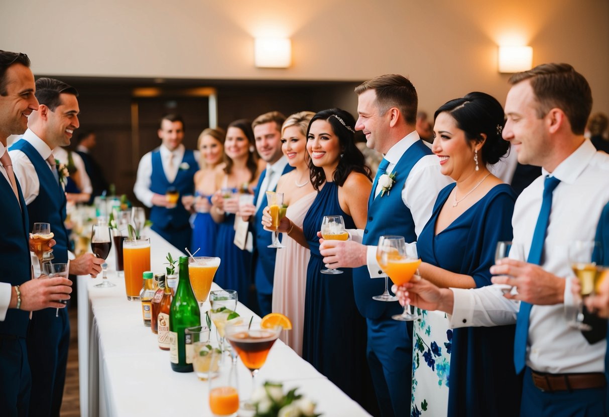 Guests line up at a wedding reception, enjoying a free bar with a variety of drinks and cocktails. The bartender serves drinks with a smile as people mingle and celebrate