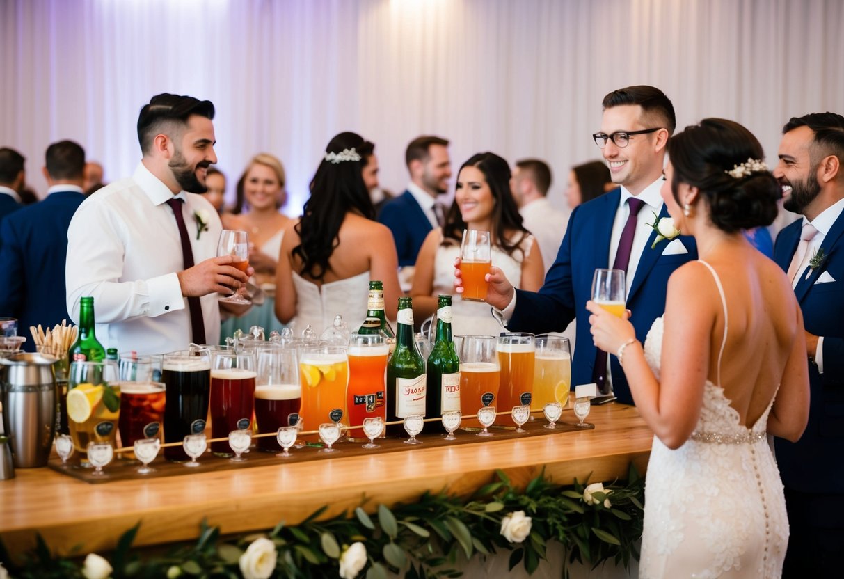 A bustling wedding reception with a variety of drink options displayed on a decorated bar, guests mingling and enjoying their beverages