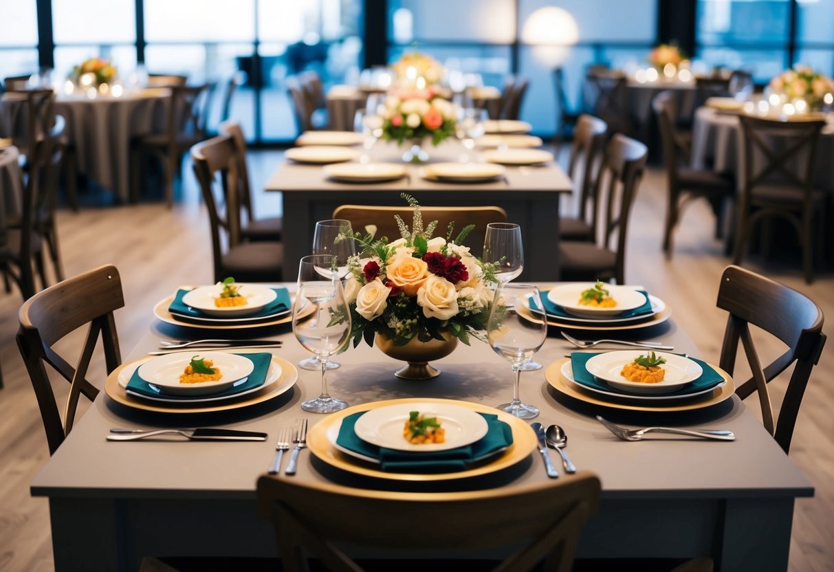 A table set with a variety of dishes, surrounded by empty chairs and decorated with floral centerpieces