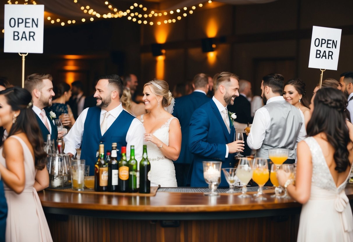 A bustling wedding reception with a fully stocked bar, guests mingling and enjoying drinks, and a sign indicating "Open Bar."