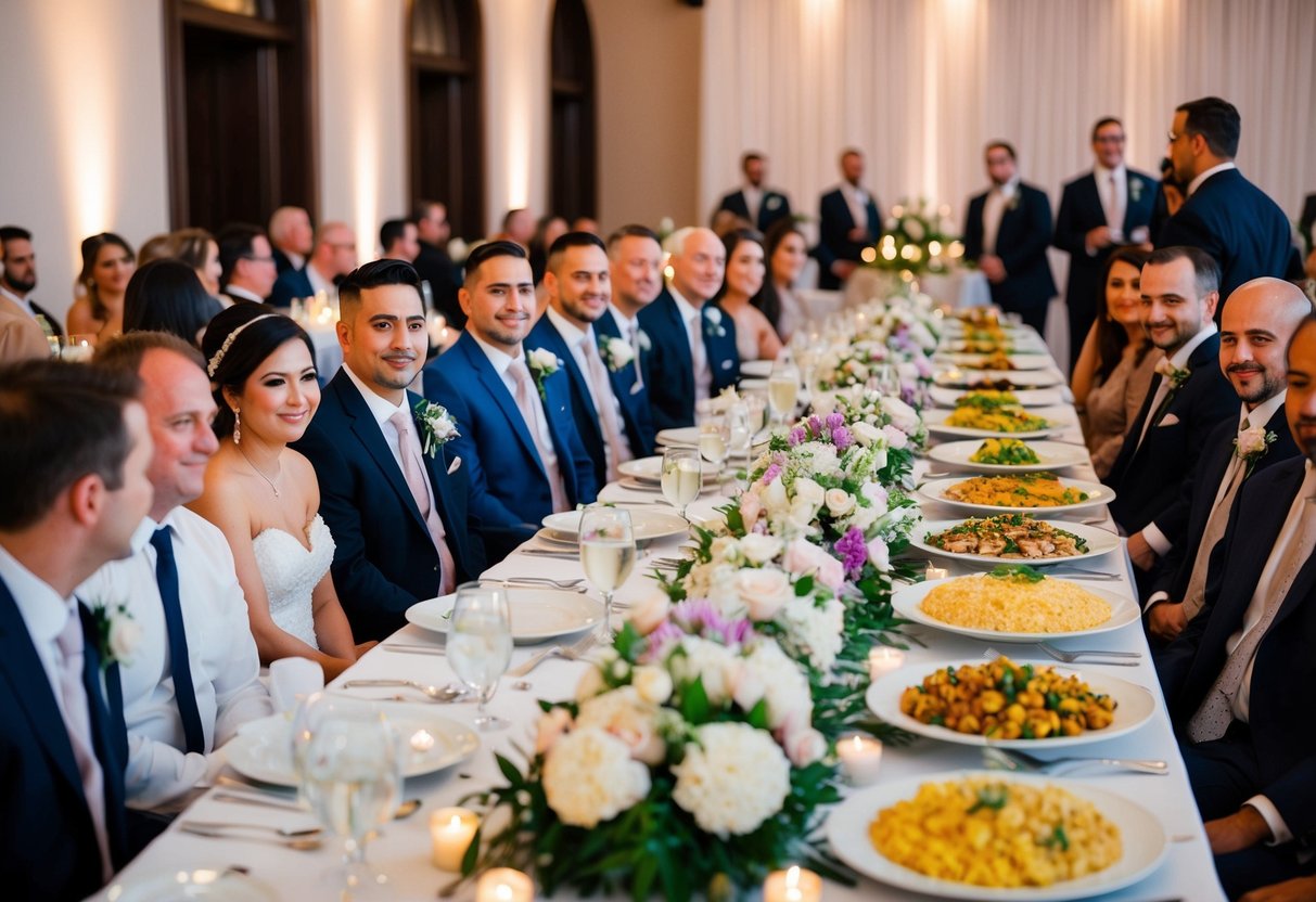 Guests seated at round tables, adorned with floral centerpieces, await the start of the wedding reception. A long buffet table is set with elegant place settings and a variety of delicious dishes