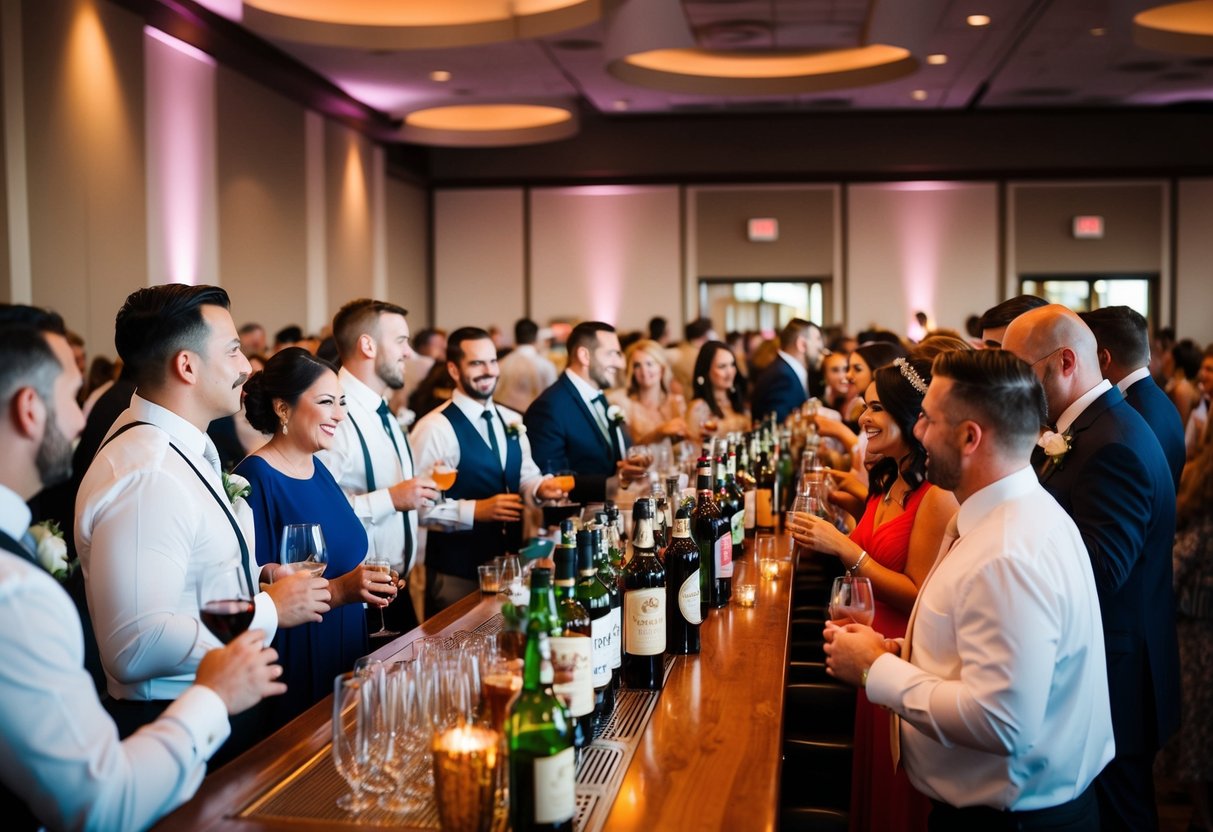 A crowded wedding reception with a fully stocked bar and guests enjoying drinks