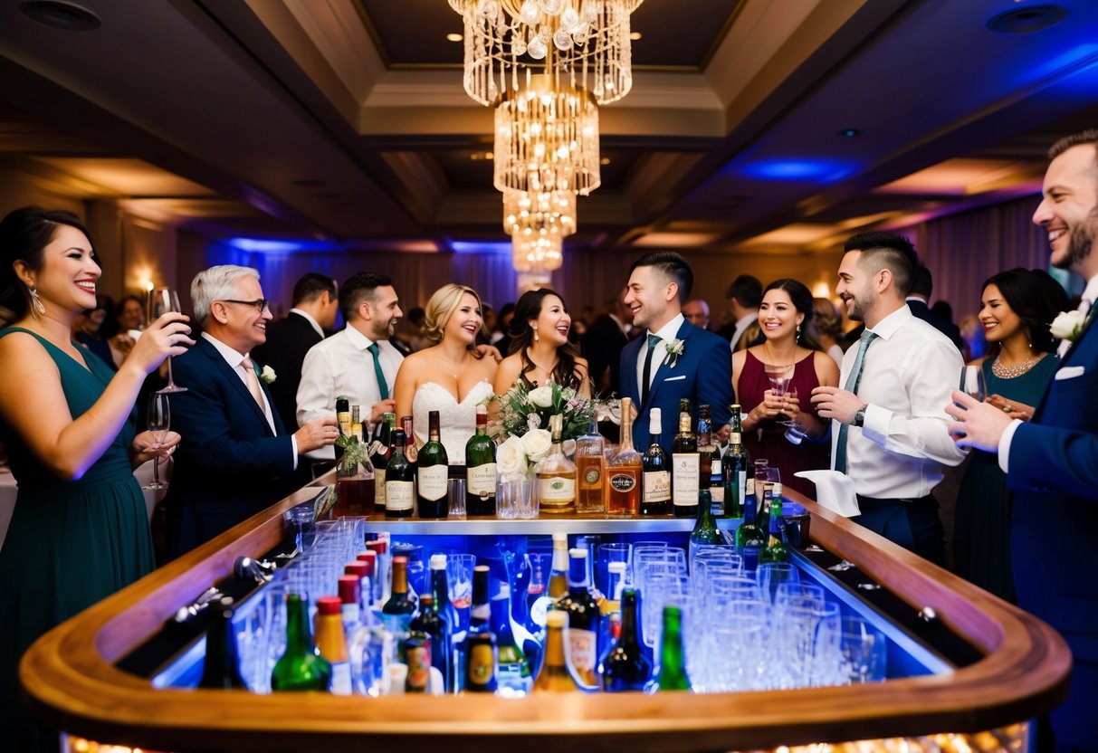 A festive wedding reception with a fully stocked, open bar, surrounded by happy guests mingling and enjoying the celebration