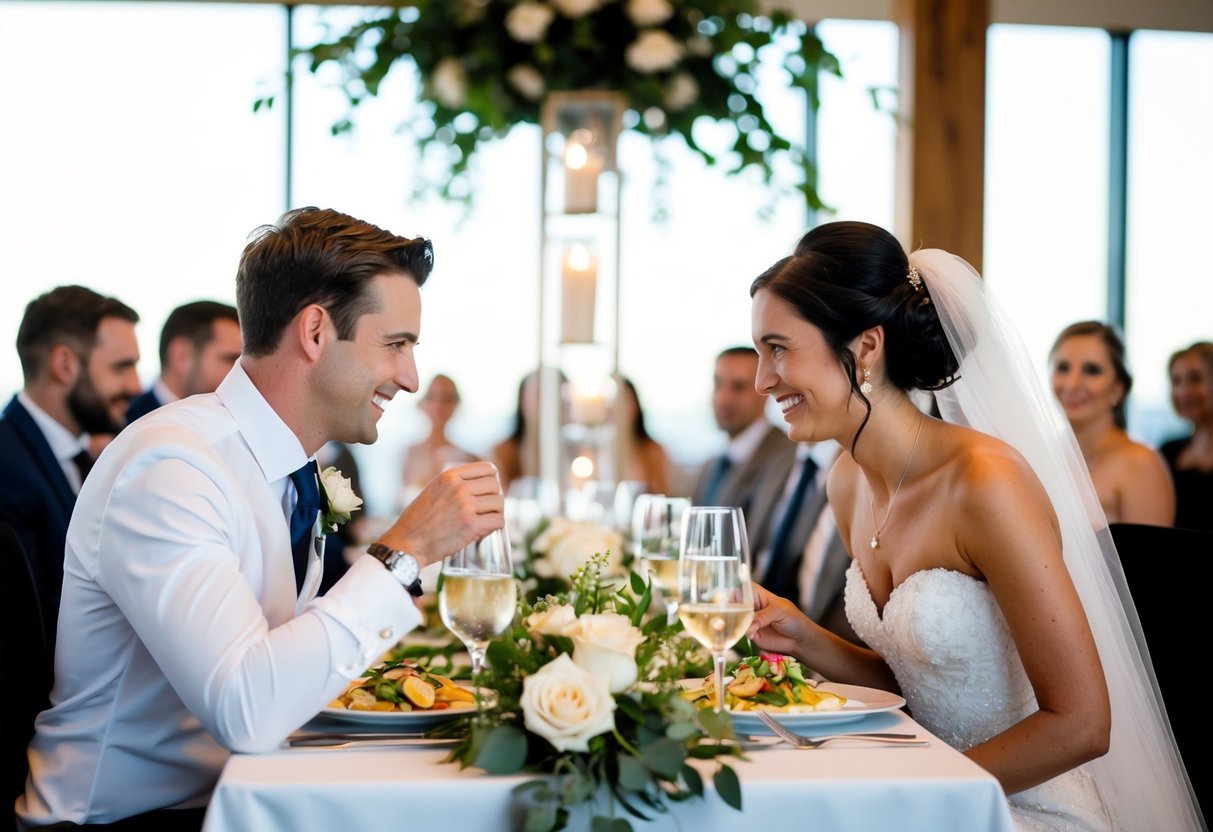 The newlyweds are seated at the head table, enjoying their first meal together as a married couple