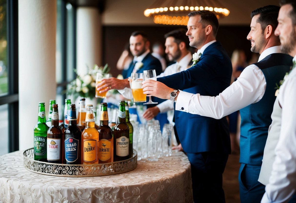 Guests at a wedding reach for drinks at the open bar, with a variety of beverages displayed on a decorated table