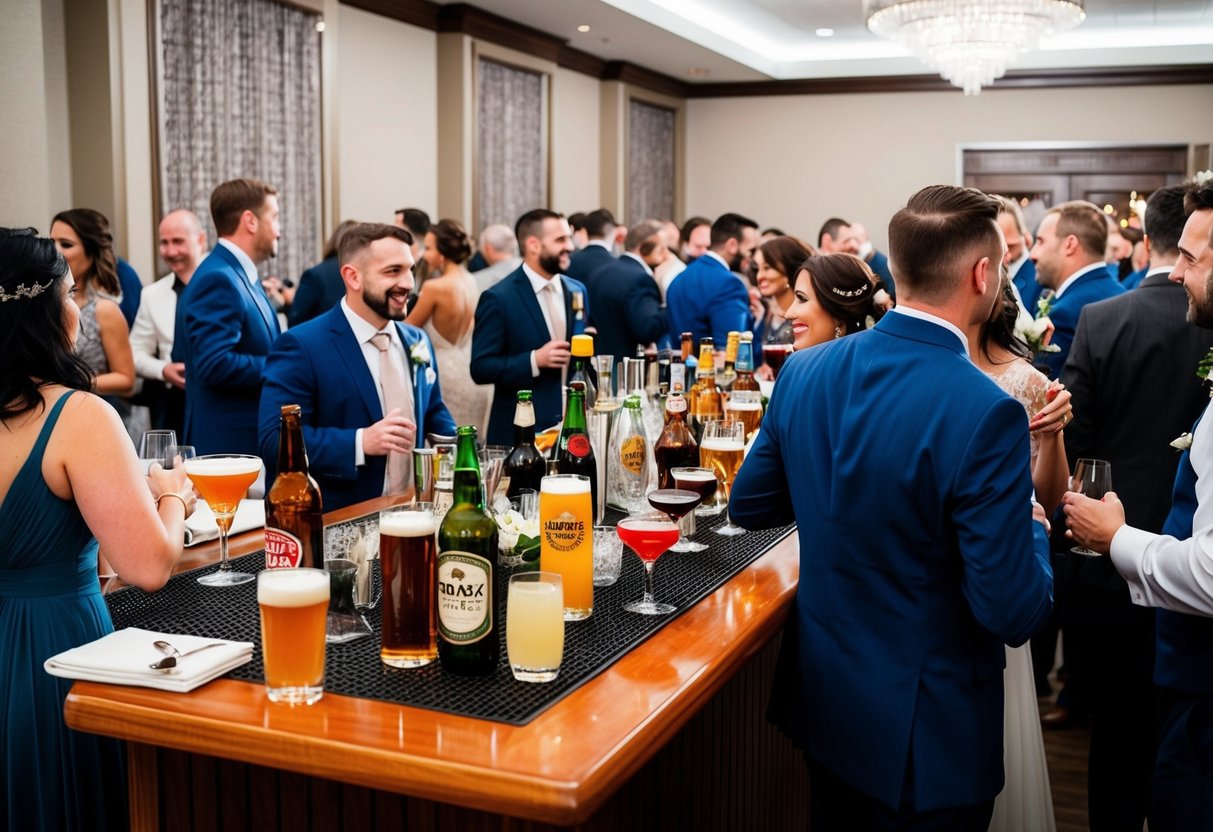 A wedding reception with a bar area featuring a variety of drink options, including beer, wine, and cocktails. Guests are seen mingling and socializing around the bar