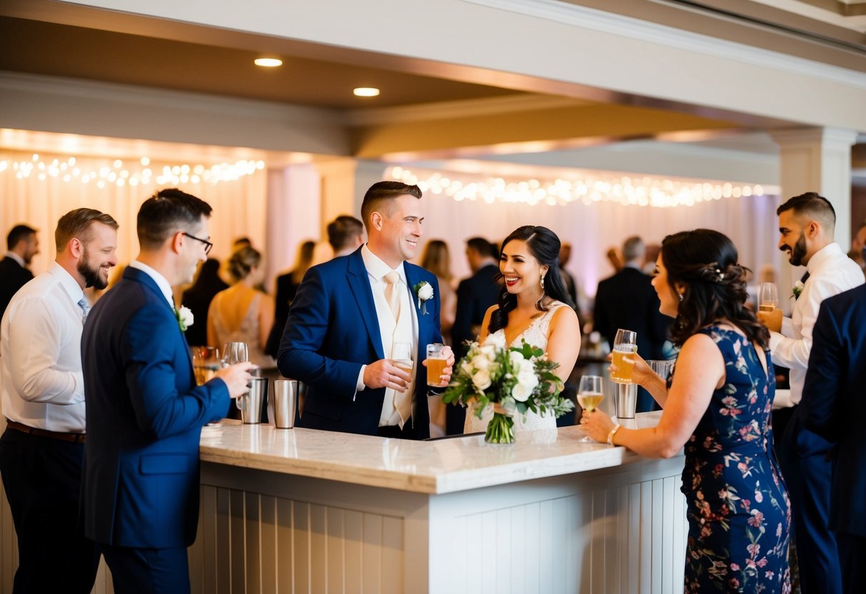 A wedding reception with a bar area and guests mingling with drinks in hand
