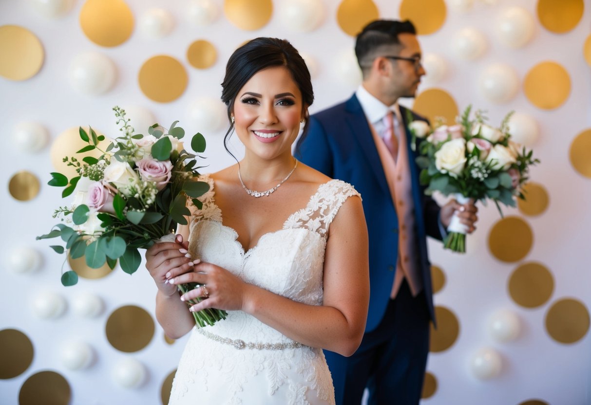 A wedding guest holding a bouquet in the wedding colors while standing in front of a matching decor backdrop