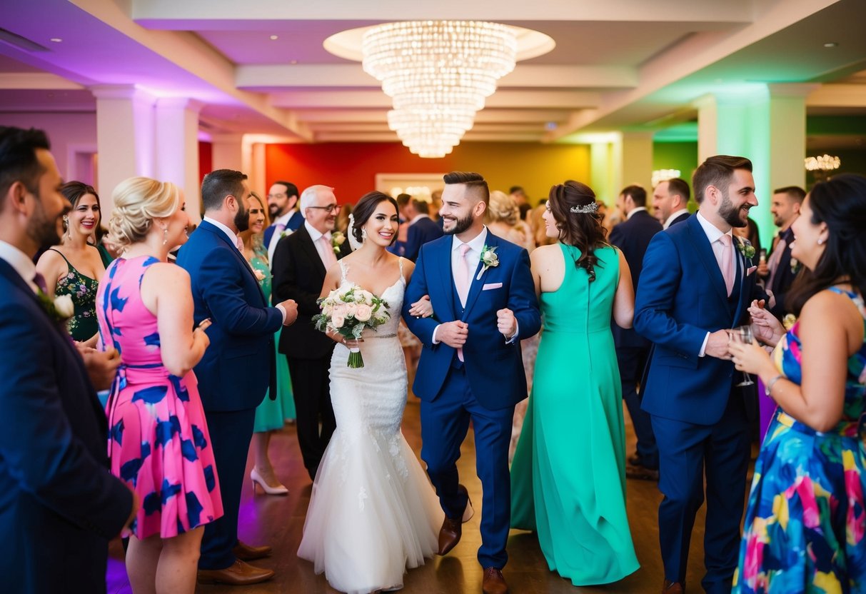 Guests in a variety of attire, some matching wedding colors, others in contrasting hues, mingling and celebrating at a colorful wedding venue