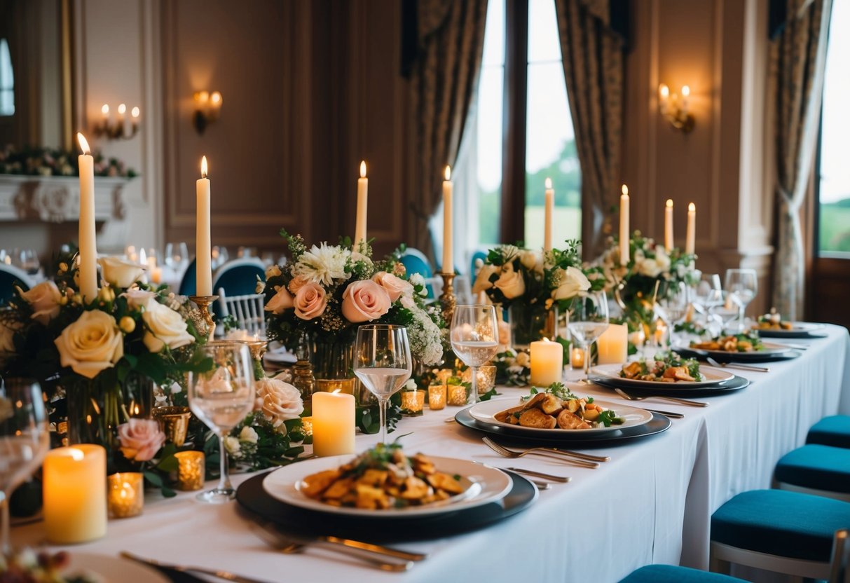 A table set with a lavish spread of food and drinks, adorned with flowers and candles, awaits the newlyweds after their wedding