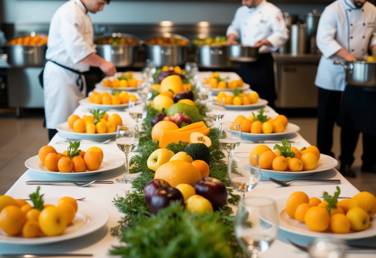 A long banquet table adorned with simple, yet elegant, centerpieces of seasonal fruits and vegetables. A chef prepares large pots of affordable, hearty dishes in the background