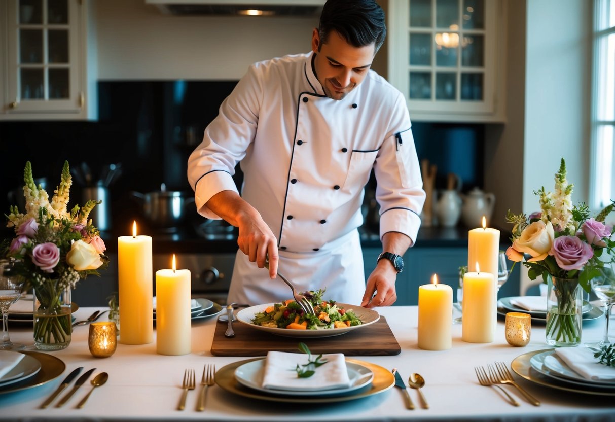 A table set with candles, flowers, and elegant dinnerware. A chef prepares a gourmet meal in a cozy kitchen for the newlyweds