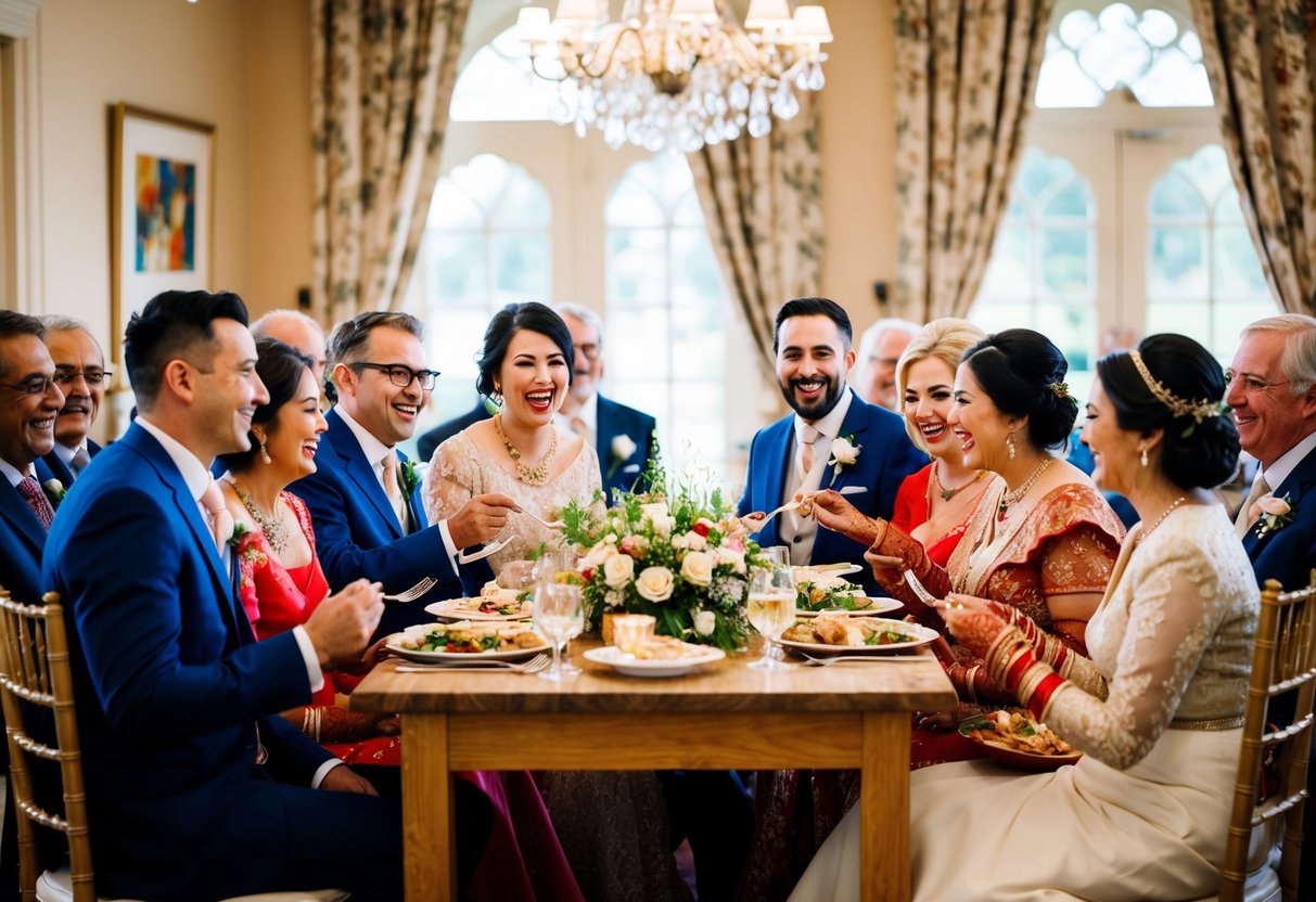 The newlyweds share a joyful meal, surrounded by family and friends, as they partake in the traditional post-wedding feast