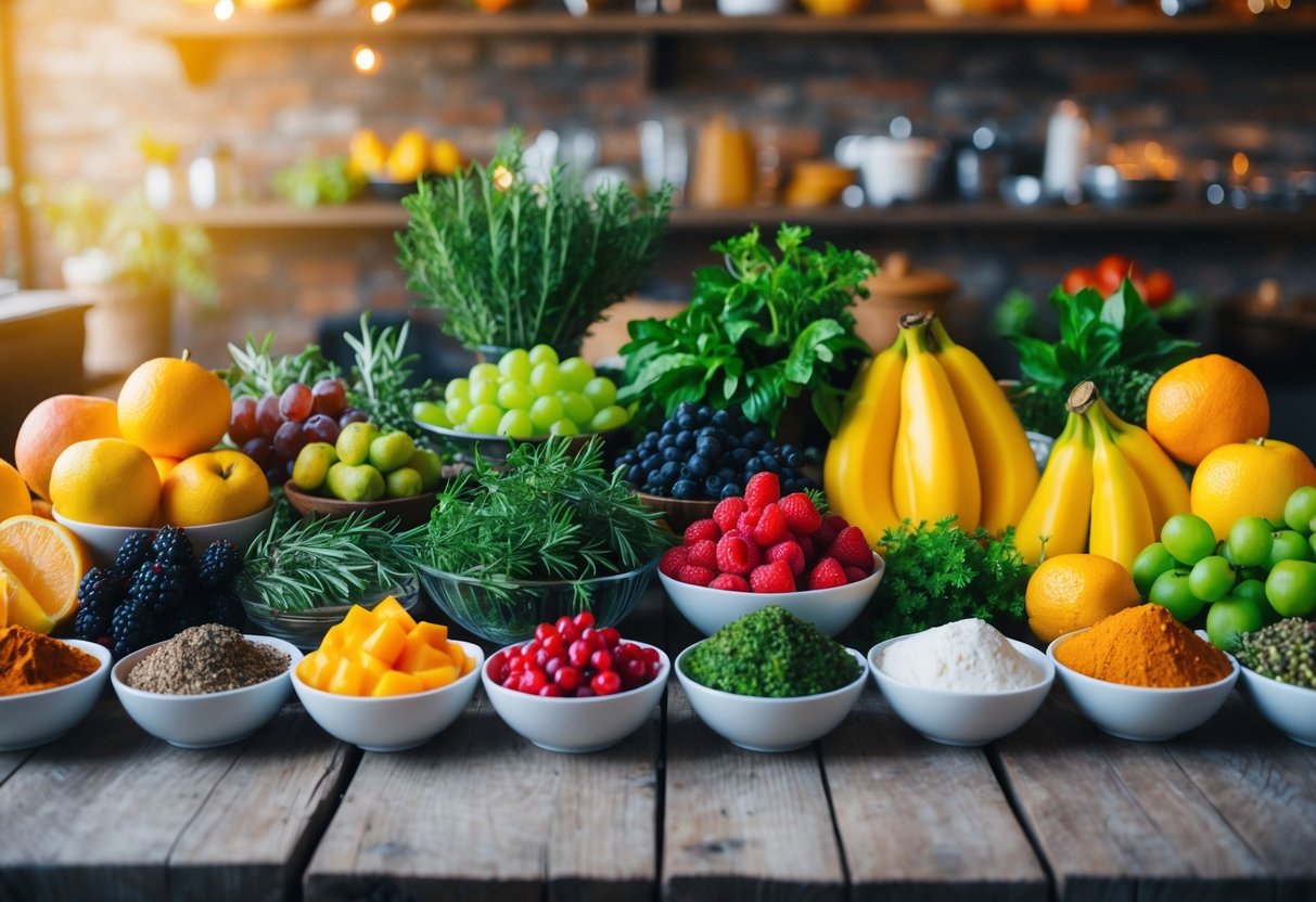 A colorful array of fresh fruits, herbs, and spices are displayed on a rustic table, ready to be used for creating unique and affordable wedding day dishes