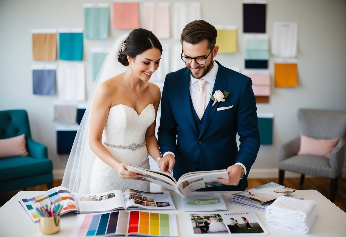 A bride and groom browsing through wedding magazines and Pinterest boards, surrounded by color swatches and fabric samples