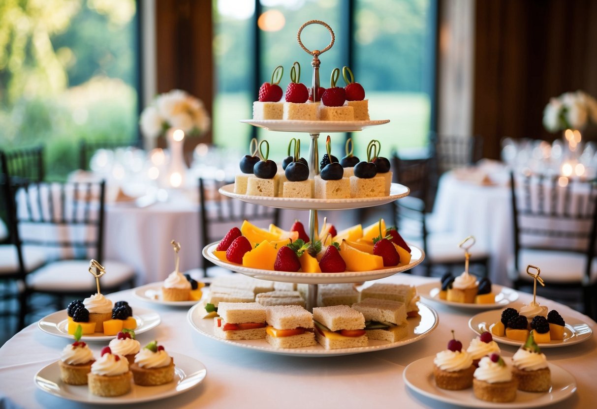 A tiered display of finger sandwiches, fruit skewers, and mini desserts on a decorated table at a 2 pm wedding