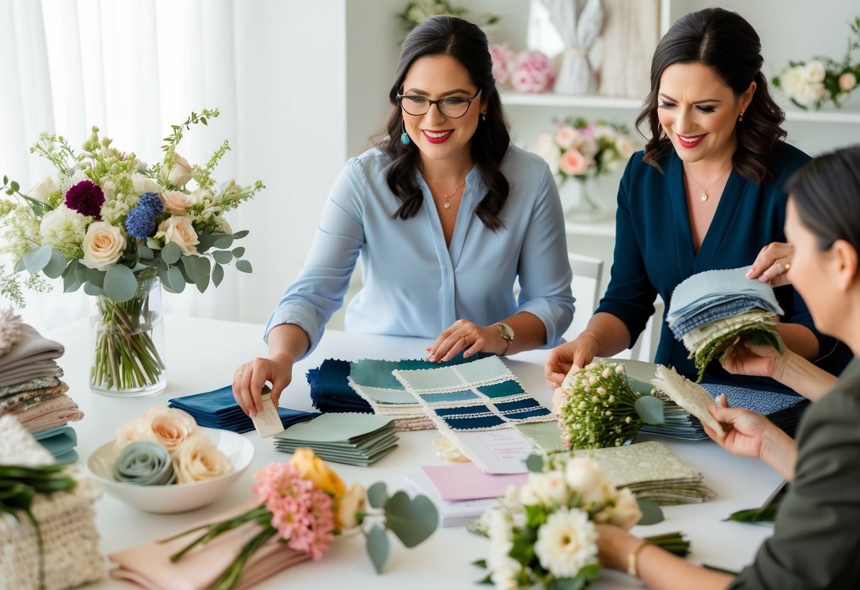 A wedding planner surrounded by fabric swatches, flowers, and decor samples, brainstorming and coordinating with vendors to finalize the perfect wedding style