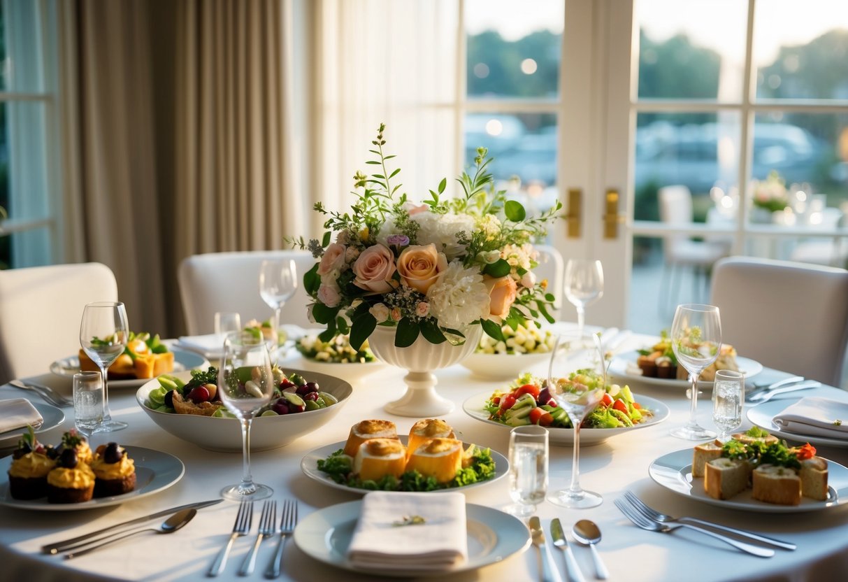 An elegant table setting with a variety of hors d'oeuvres, salads, and light entrees, surrounded by floral centerpieces and soft afternoon sunlight streaming through the windows