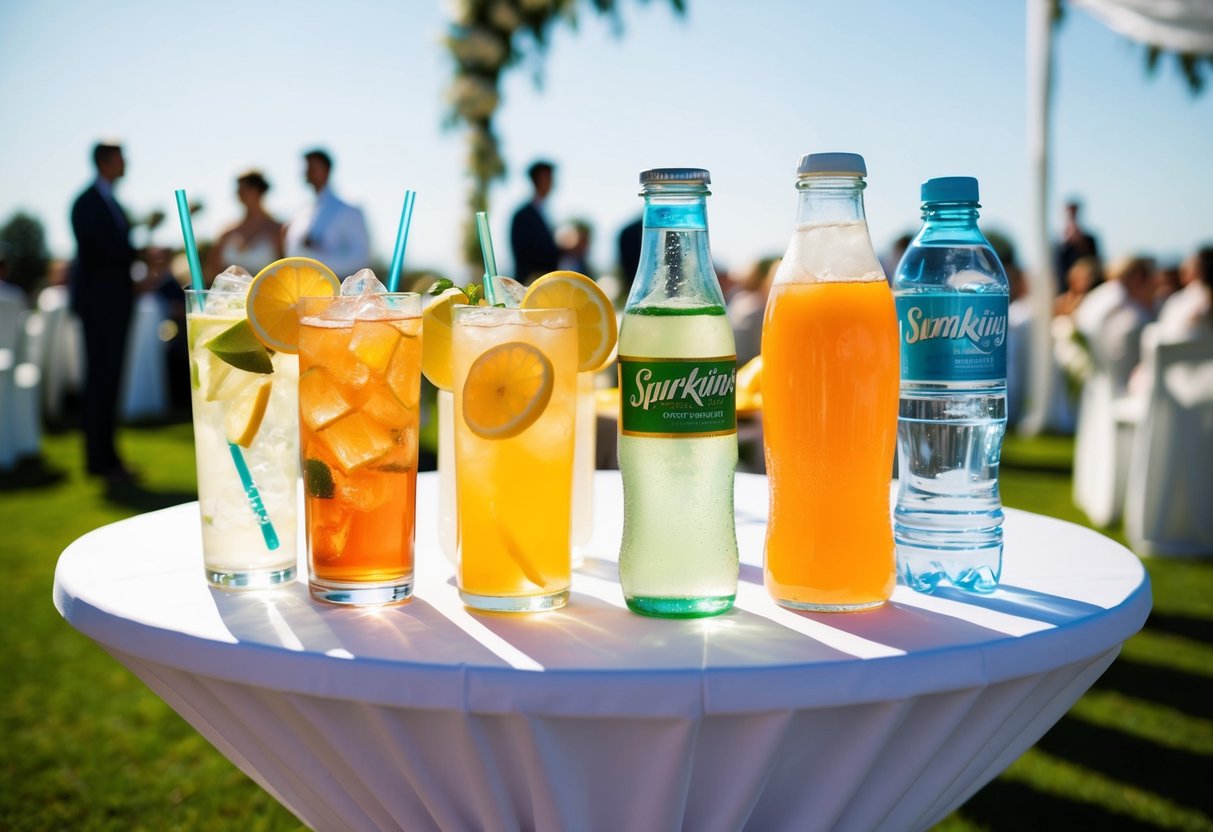 A table adorned with a variety of refreshing beverages, including iced tea, lemonade, and sparkling water, set against a backdrop of a sunny outdoor wedding celebration at 2 pm