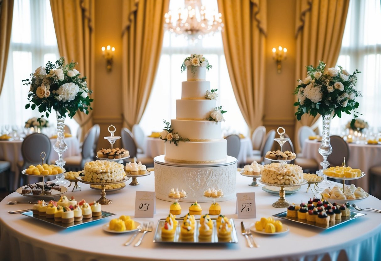 A table adorned with an array of sweet delights and a grand wedding cake, surrounded by elegant decor, set for a 2 pm wedding