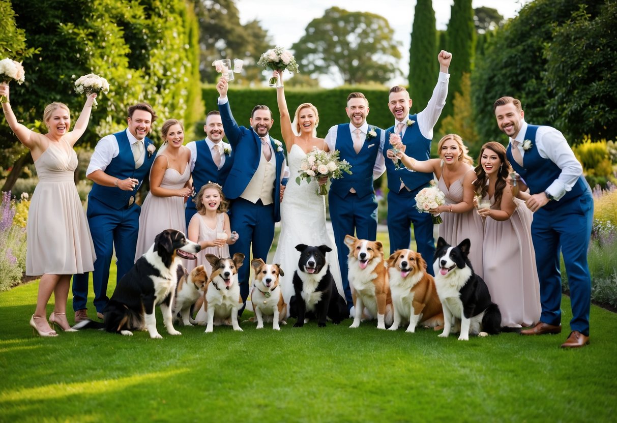 A group of animals gathered in a beautiful garden, celebrating a wedding with joy and excitement