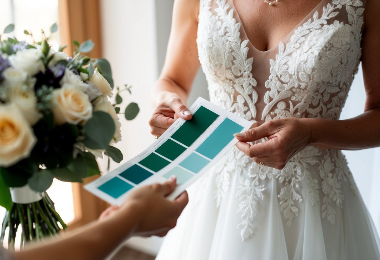A mother of the bride holds a swatch of wedding colors, comparing it to her dress
