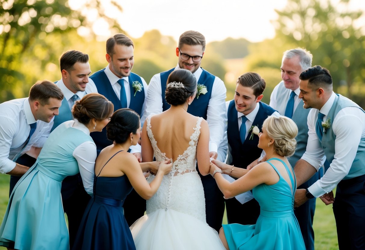 A group of figures gather around a bride and groom, offering support and assistance in preparing for their wedding day