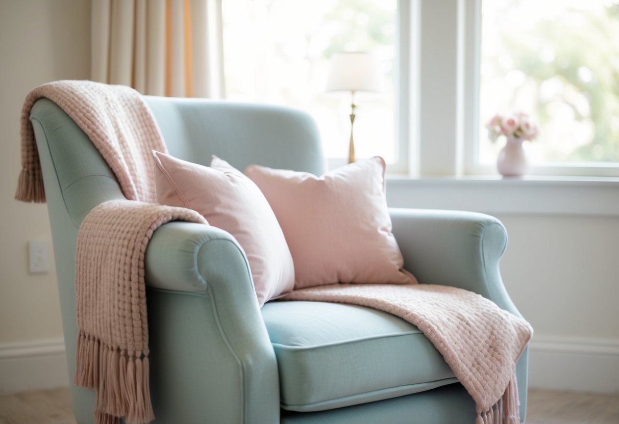 A cozy armchair in a serene room, adorned with soft, pastel-colored cushions and a matching throw blanket