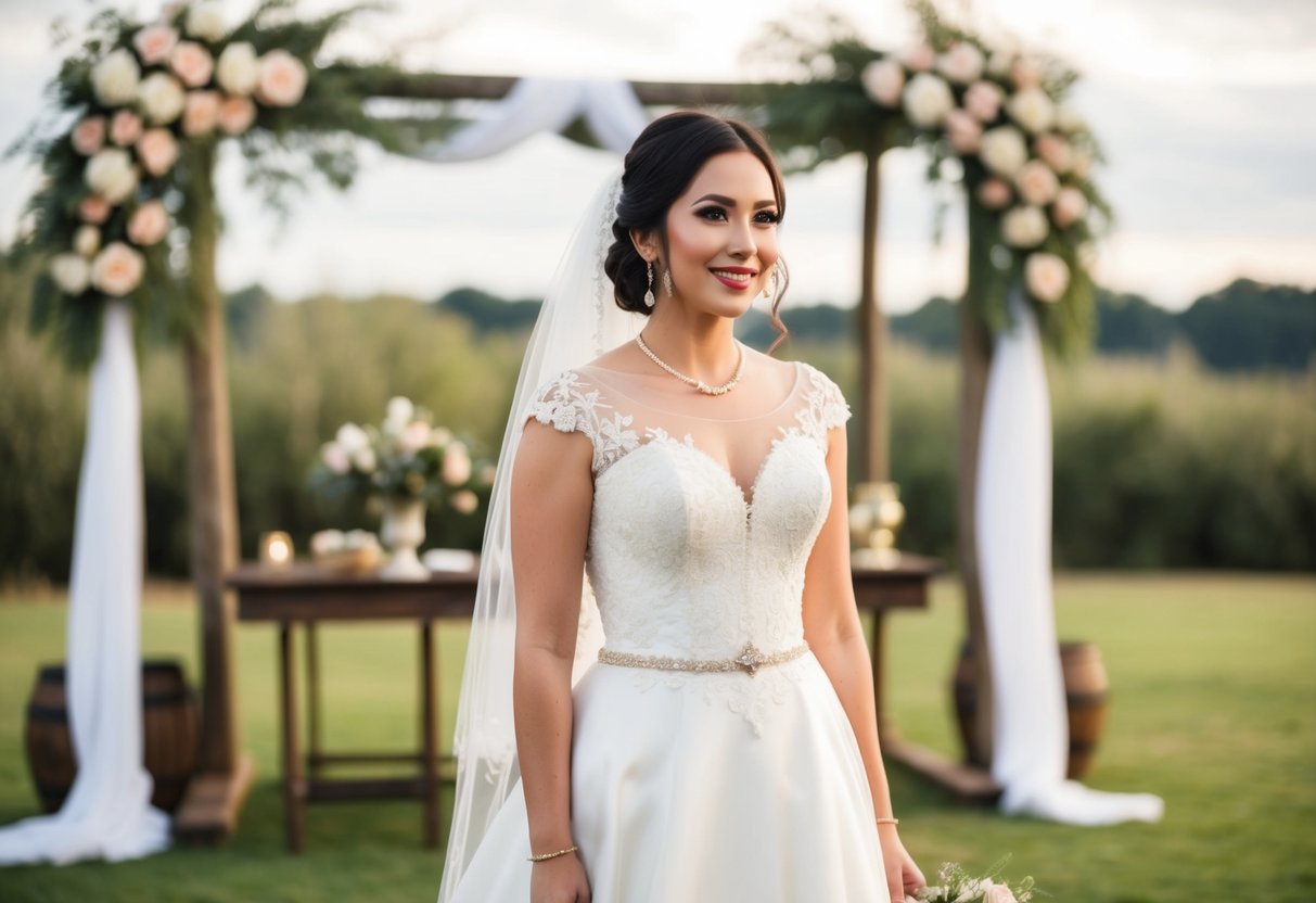 A bride in a traditional white wedding dress stands in a rustic outdoor setting with vintage decor and flowers in the background